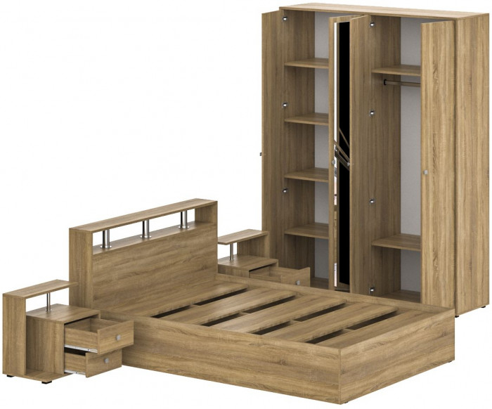 Камелия спальня № 1 Кровать 1400 + Две тумбы + Шкаф 4-х створчатый, цвет дуб сонома, сп.м. 1400х2000 мм., б/м, основание есть
