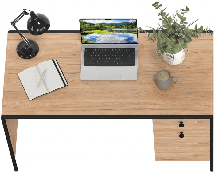 Брюс Стол письменный 12.157, цвет чёрный/Battle rock Santiago/столешница МДФ ель карпатская, ШхГхВ 130х62,6х75 см., универсальная сбока