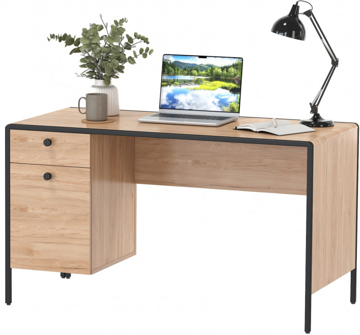 Брюс Стол письменный 12.157, цвет чёрный/Battle rock Santiago/столешница МДФ ель карпатская, ШхГхВ 130х62,6х75 см., универсальная сбока