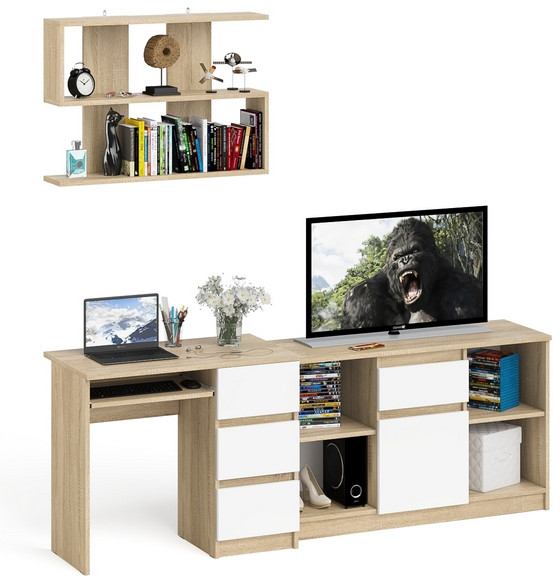Мори компьютерный стол МС-6 правый + Тумба МТВ1204.1 + Полка 900, дуб сонома/белый