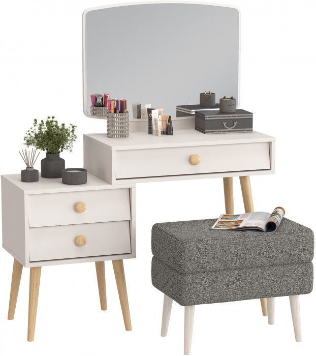 Афина Спальня 4-25901М1к.с. Трюмо + Банкетка 6-5138ТКШтем.серый Тифани, цвет кашемир серый/ткань тёмно-серая, ШхГхВ 105х38,6х129 + 55х33х46 см, ун. сб