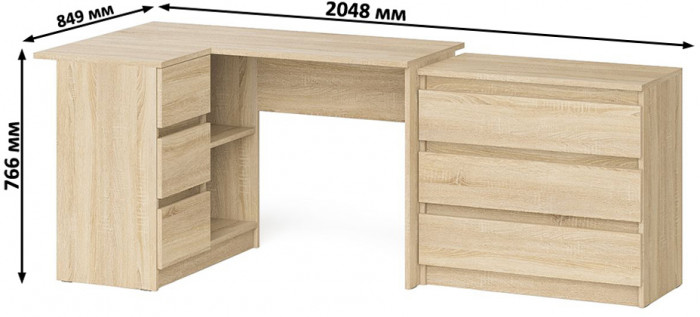 Мори Стол компьютерный МС-16 левый + Комод МК800.1, цвет дуб сонома, ШхГхВ 204,8х84,9х76,6 см., выдвижные ящики слева, НЕ универсальная сборка