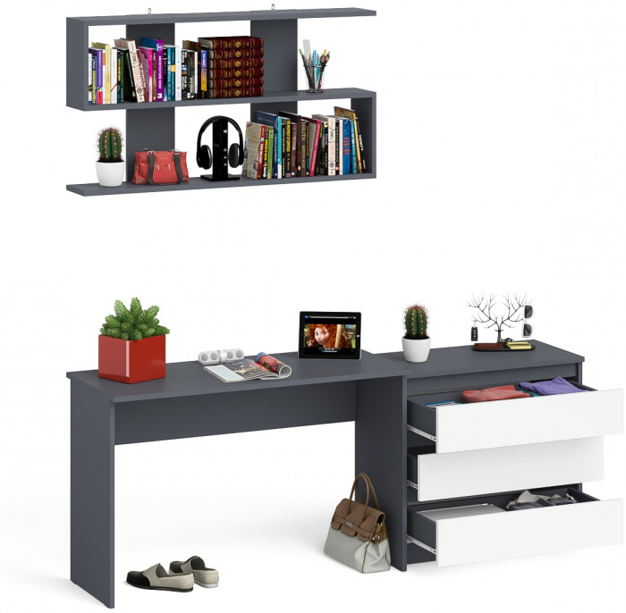 Мори Стол письменный МСП1200.1 + Комод МК800.1 + Полка 1200, цвет графит/белый, ШхГхВ 200,8х50х209,6 см., универсальная сборка