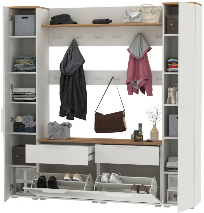 Октава Прихожая 35, цвет белый шагрень/дуб крафт золотой/фасады МДФ белый шагрень, ШхГхВ 194,2х35,4х197,6 см., универсальная сборка