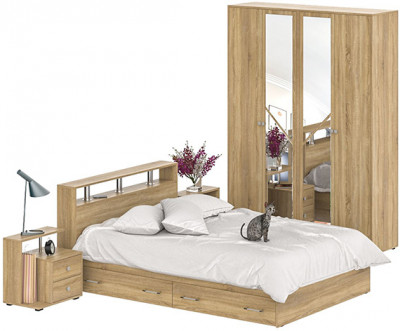 Камелия спальня № 8 Кровать с ящиками 1400 + Две тумбы + Шкаф 4-х створчатый, цвет дуб сонома, сп.м. 1400х2000 мм., б/м, основание есть