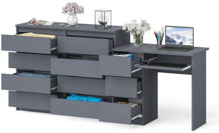 Мори Стол компьютерный МС-6 левый + Комод МК1200.8, цвет графит, ШхГхВ 210,4х50х94 см., выдвижные ящики слева, НЕ универсальная сборка