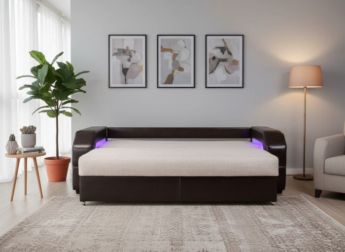 Диван-еврокнижка Манчестер 160х200, с подсветкой, велюр/экокожа бежевая/коричневая