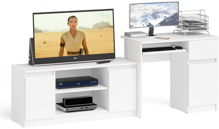 Мори компьютерный стол МС-1 правый + Тумба МТВ1200.1, белый