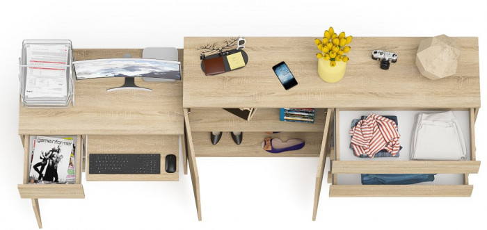 Мори Стол компьютерный МС-1 левый + Комод МК1600.1, цвет дуб сонома, ШхГхВ 250,4х50х94 см., выдвижной ящик слева, НЕ универсальная сборка