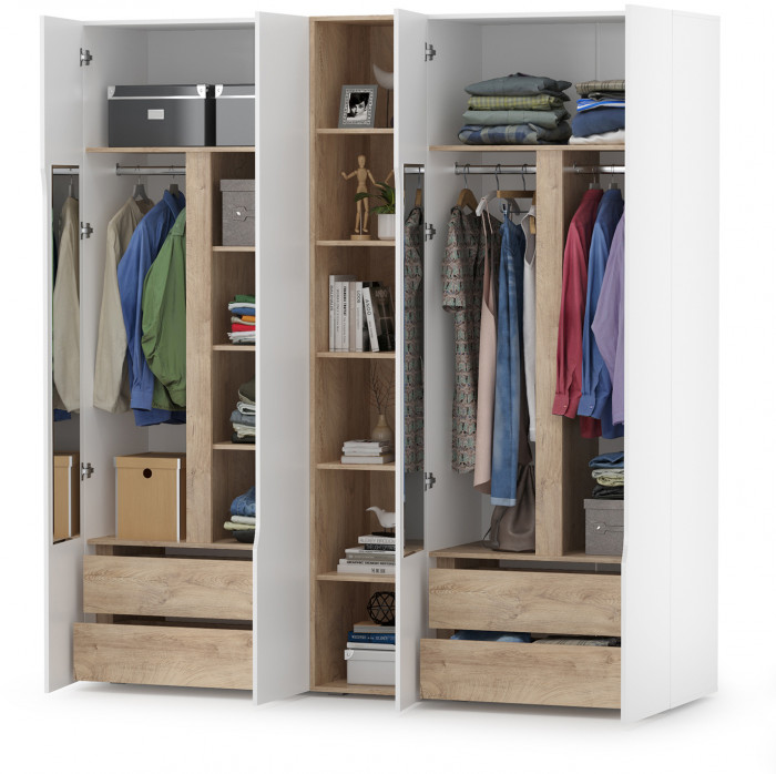 Муссон 13.198 Шкаф + 13.349 Стеллаж + 13.198 Шкаф, цвет белый/дуб эндгрейн элегантный, ШхГхВ 215х52,3х229,8 см., НЕ универсальная сборка