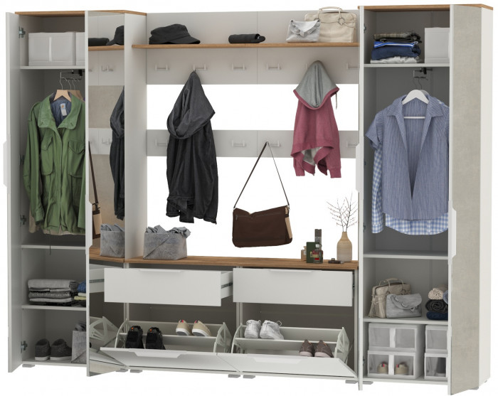 Октава Прихожая 36, цвет белый шагрень/дуб крафт золотой/фасады МДФ белый шагрень, ШхГхВ 258,6х35,4х197,6 см., универсальная сборка