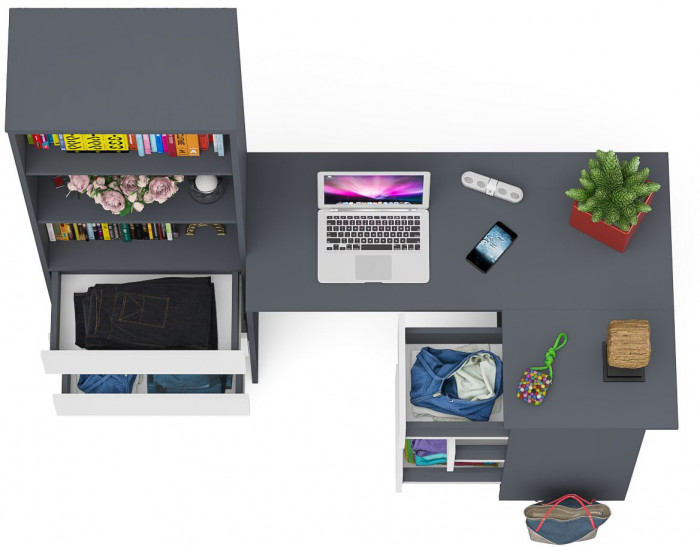 Мори Стол компьютерный МС-16 правый + Стеллаж МСТ600.3, цвет графит/белый, ШхГхВ 184,8х84,9х179,6 см., выдвижные ящики справа, НЕ универсальная сборка