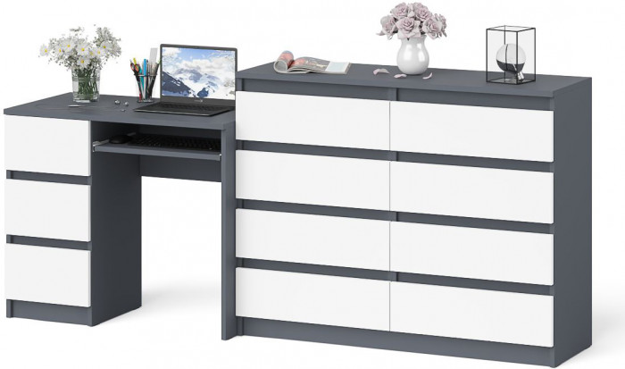 Мори Стол компьютерный МС-6 левый + Комод МК1200.8, цвет графит/белый, ШхГхВ 210,4х50х94 см., выдвижные ящики слева, НЕ универсальная сборка