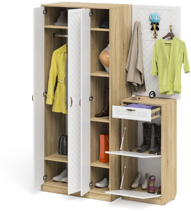 Прихожая П-6 Компоновка № 50, цвет дуб сонома/фасады МДФ белое дерево фрезеровка ромб, ШхГхВ 150х50х210 см., универсальная сборка