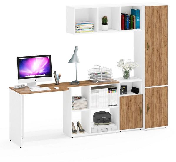 Лидер-8 Стол + Полка + Тумба МД 3.19 + Пенал МД 21Б, белый шагрень/крафт золото