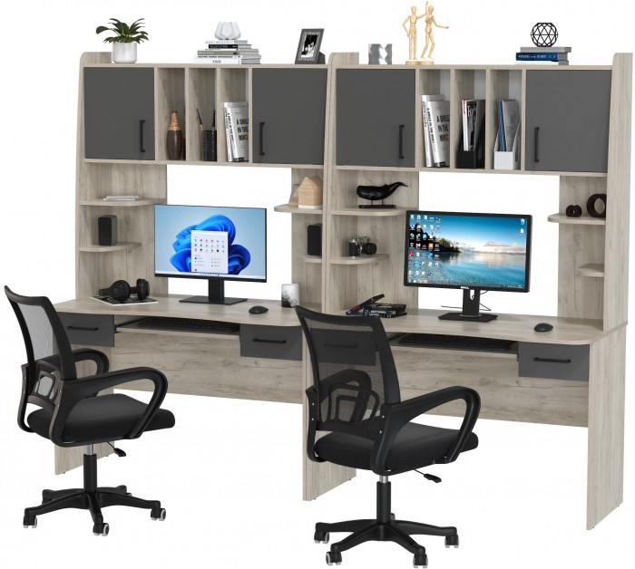 Два стола рабочих 6-0604 Бета + два кресла 103 чёрных, цвет дуб крафт серый/графит, ШхГхВ 240х60,5х183,5 см.