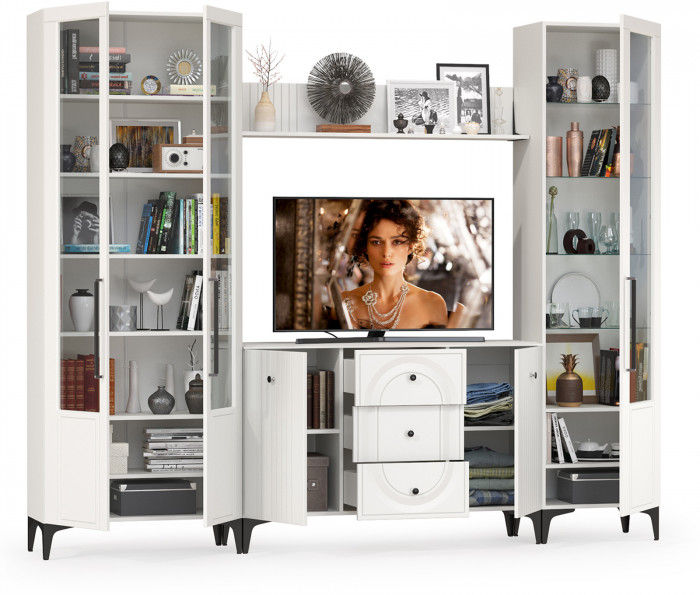 Валенсия Гостиная № 098, цвет ЛДСП белый шагрень/МДФ белый шагрень, ШхГхВ 272,3х38,4х225,2 см., ниша для ТВ 133х38х100 см., универсальная сборка