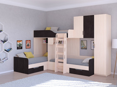 Трехместная кровать ТРИО/2 Дуб молочный/Венге