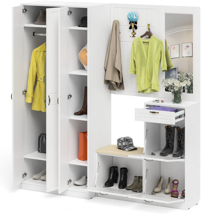 Прихожая П-6 Компоновка № 51, цвет белая шагрень/фасады МДФ белое дерево фрезеровка прованс, ШхГхВ 200х50х210 см., универсальная сборка