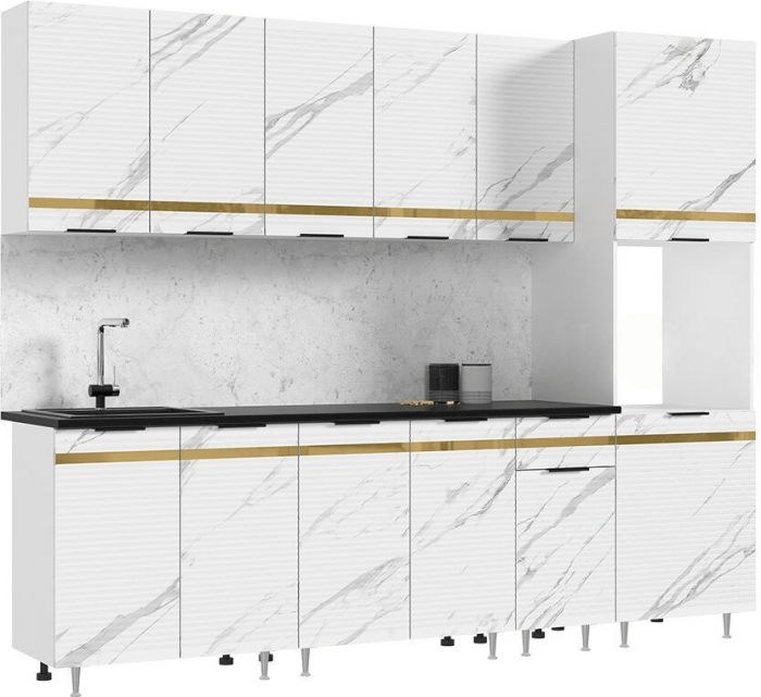 Кухня МДФ Милена 2600 (Белый, Мрамор золото, Антарес)