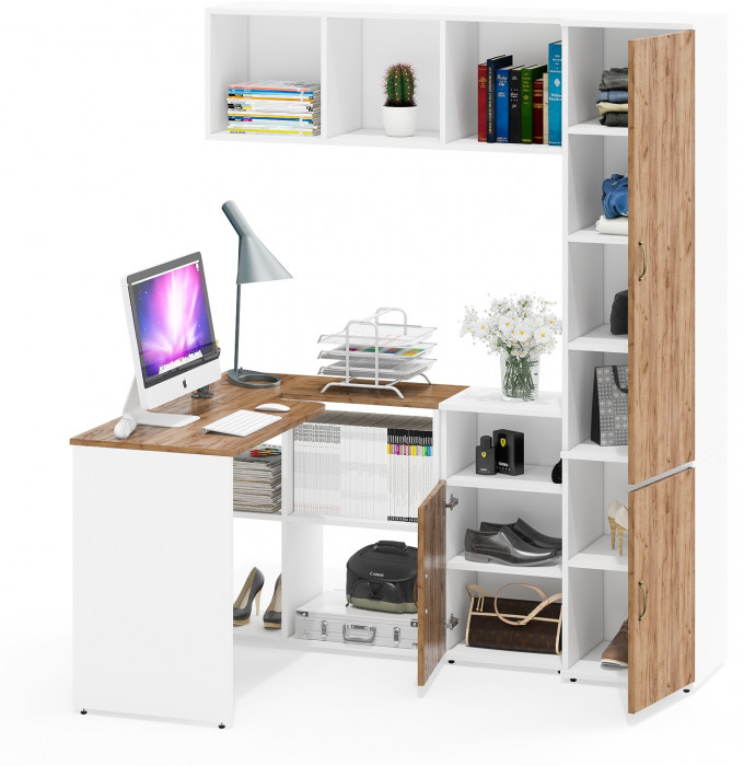 Лидер-8 Стол + Полка + Тумба МД 3.19 + Пенал МД 22Б, белый шагрень/крафт золото