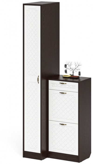 Прихожая П-6 Компоновка № 42, цвет венге/фасады МДФ белое дерево фрезеровка ромб, ШхГхВ 80х50х210 см., универсальная сборка