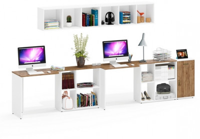 Лидер-8 Стол + Полка + Стол + Полка + Тумба МД 3.15, белый шагрень/крафт золото