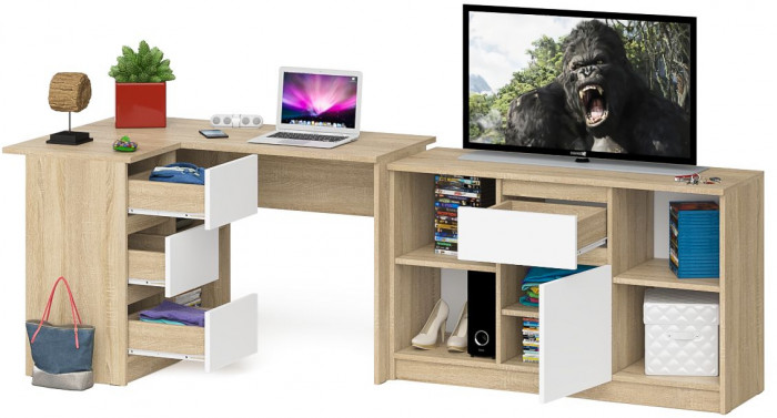 Мори Стол компьютерный МС-16 левый + Тумба МТВ1204.1, цвет дуб сонома/белый, ШхГхВ 244,8х84,9х76,6 см., выдвижные ящики слев, НЕ универсальная сборкаа