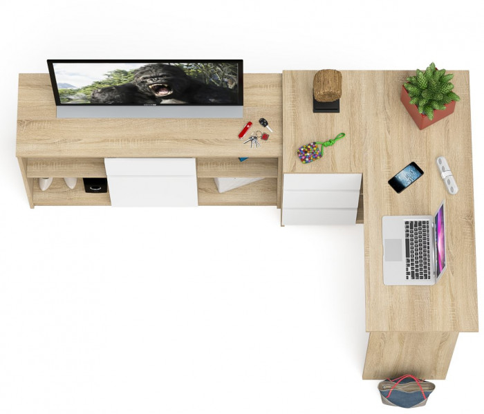 Мори Стол компьютерный МС-16 левый + Тумба МТВ1204.1, цвет дуб сонома/белый, ШхГхВ 244,8х84,9х76,6 см., выдвижные ящики слев, НЕ универсальная сборкаа