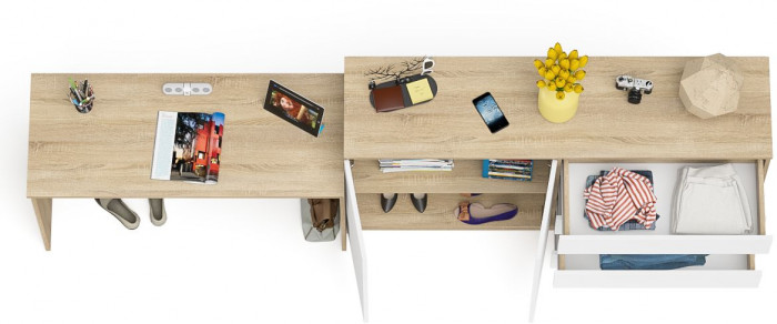 Мори Стол письменный МСП1200.1 + Комод МК1600.1, цвет дуб сонома/белый, ШхГхВ 280,8х50х94 см., универсальная сборка