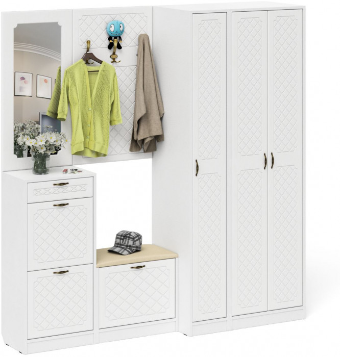 Прихожая П-6 Компоновка № 51, цвет белая шагрень/фасады МДФ белое дерево фрезеровка ромб, ШхГхВ 200х50х210 см., универсальная сборка