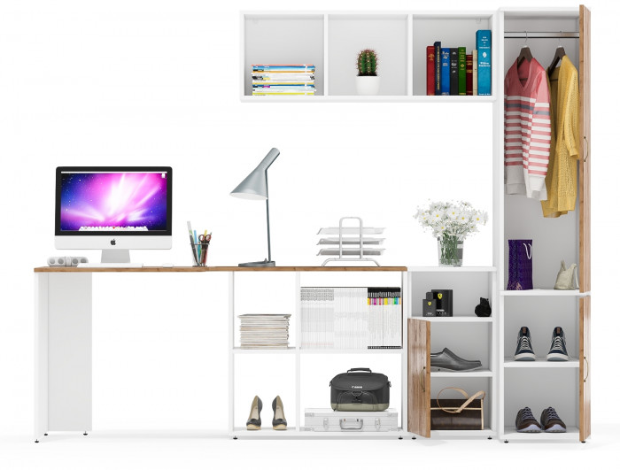 Лидер-8 Стол + Полка + Тумба МД 3.19 + Пенал МД 23Б, белый шагрень/крафт золото