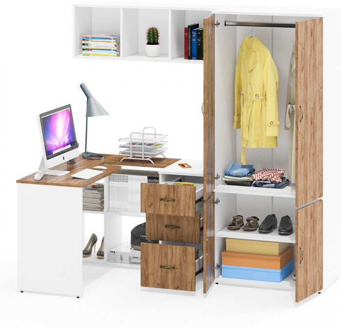 Лидер-8 Стол + Полка + Тумба МД 3.16 + Шкаф МД 19Б, цвет белый шагрень/крафт золото, ШхГхВ 285х50/50х75/190 или 115х200/50х75/190 см., НЕ ун. сб.