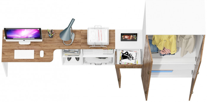 Лидер-8 Стол + Тумба МД 3.15 + Шкаф МД 19Б, цвет белый шагрень/крафт золото, ШхГхВ 285х50/50х75/190 или 115х200/50х75/190 см., НЕ ун. сборка