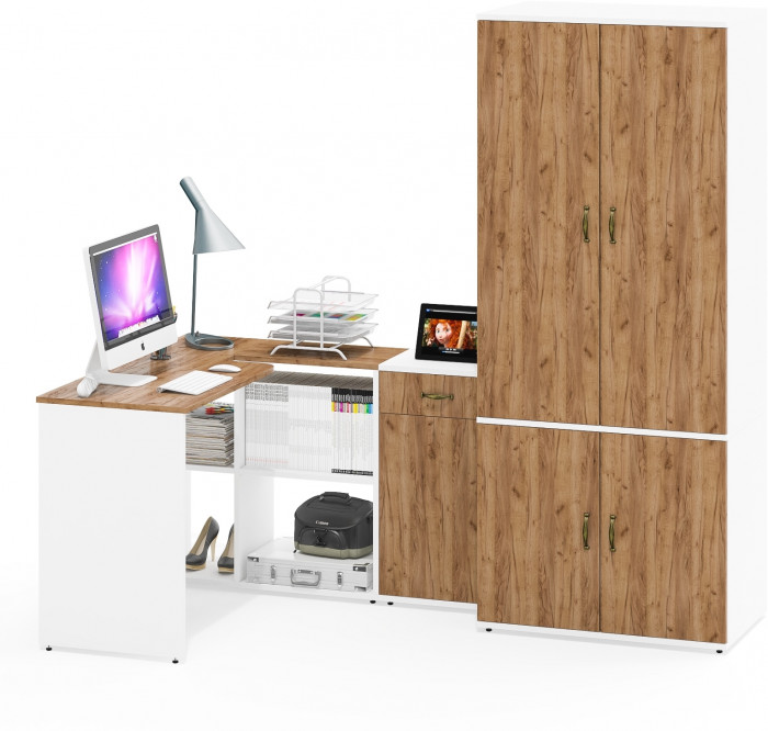 Лидер-8 Стол + Тумба МД 3.15 + Шкаф МД 19Б, цвет белый шагрень/крафт золото, ШхГхВ 285х50/50х75/190 или 115х200/50х75/190 см., НЕ ун. сборка