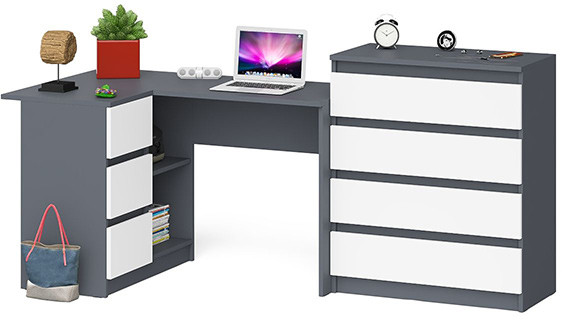 Мори Стол компьютерный МС-16 левый + Комод МК800.4, цвет графит/белый, ШхГхВ 204,8х84,9х94 см., выдвижные ящики слева, НЕ универсальная сборка
