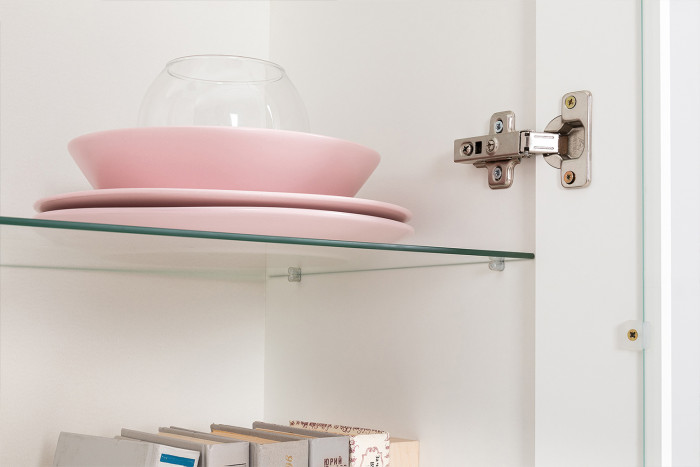 Валенсия Гостиная № 100, цвет ЛДСП белый шагрень/МДФ белый шагрень, ШхГхВ 243,2х38,4х225,2 см., ниша для ТВ 133х38х100 см.