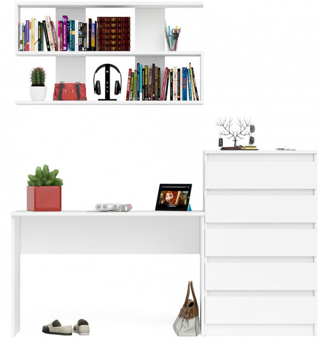 Мори Стол письменный МСП1200.1 + Комод МК700.5 + Полка 1200, цвет белый, ШхГхВ 190,8х50х209,6 см., универсальная сборка