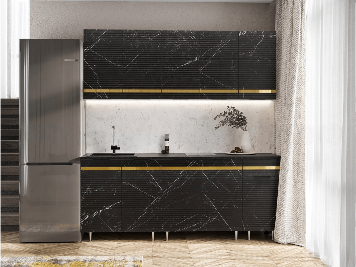 Кухня МДФ Милена 2000 (Белый, Мрамор блэк софт, Антарес)