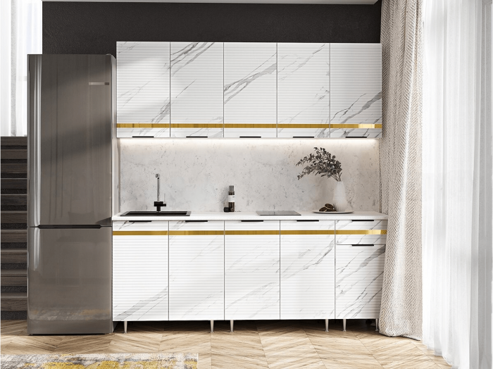 Кухня МДФ Милена 2000 (Белый, Мрамор блэк софт, Антарес)