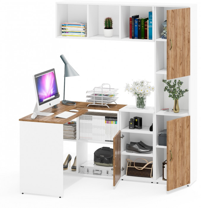 Лидер-8 Стол + Полка + Тумба МД 3.19 + Пенал, белый шагрень/крафт золото