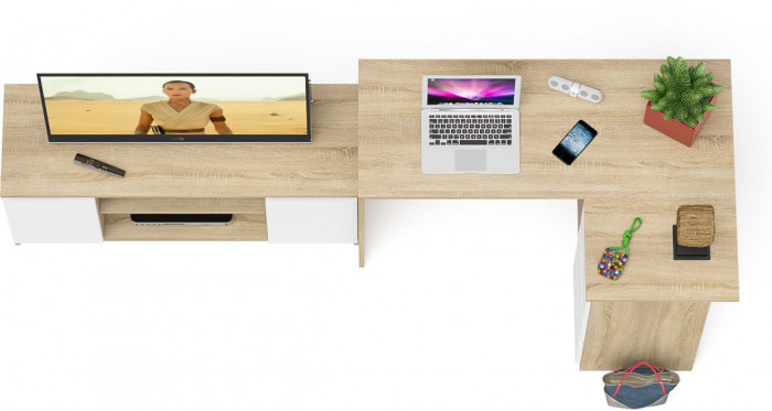 Мори компьютерный стол МС-16 правый + Тумба МТВ1200.1, дуб сонома/белый