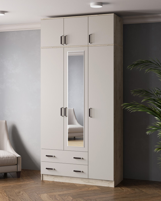 Шкаф комбинированный 1,2 Лагуна с антресолью и зеркалом, Дуб крафт серый/Кашемир