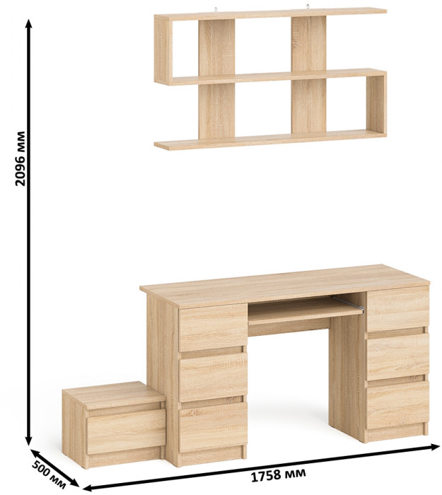Мори Стол компьютерный МС-2 + Тумба ТМП400.1 + Полка 1200, цвет дуб сонома, ШхГхВ 175,8х50х209,6 см., универсальная сборка