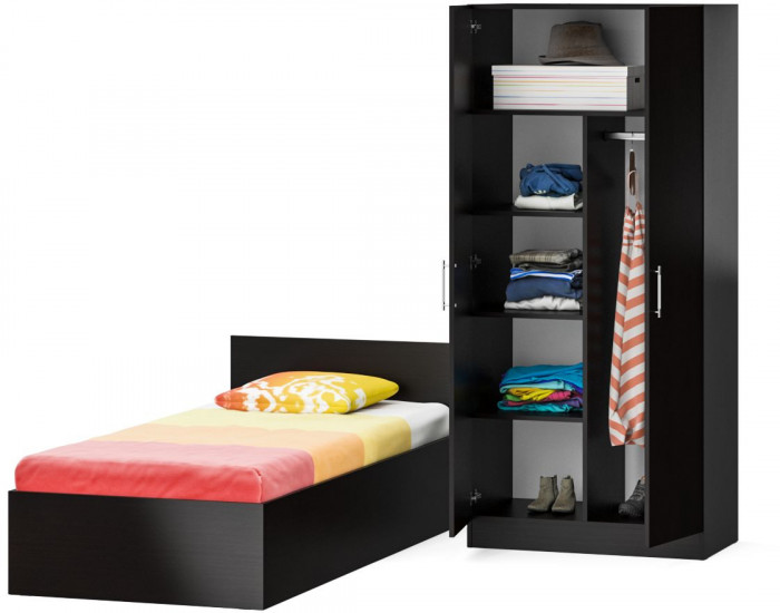 Кровать 0900 + Шкаф 2-х створчатый Стандарт, цвет венге, ШхГхВ 93,5х203,5х70 + 90х52х200 см., сп.м. 900х2000 мм., без матраса, основание есть