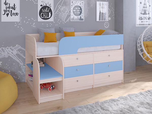 Кровать чердак Астра 9 V3 Дуб молочный/Голубой