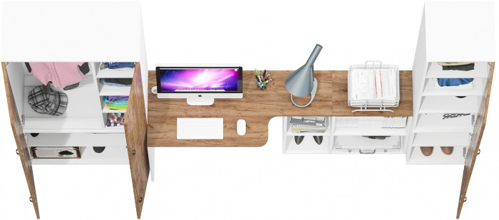 Лидер-8 Шкаф МД 20Б + Стол + Пенал 22Б, белый шагрень/крафт золото