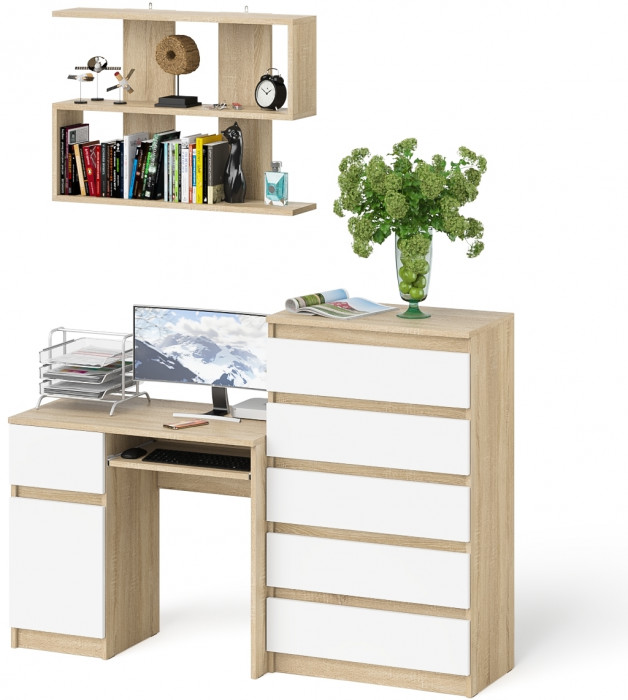 Мори Стол компьютерный МС-1 левый + Комод МК700.5 + Полка 900, цвет дуб сонома/белый, ШхГхВ 160,4х50х209,6 см., НЕ универсальная сборка
