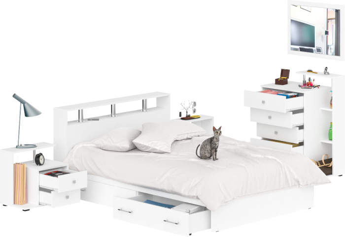Камелия спальня № 12 Кровать с ящиками 1400 + Две тумбы + Комод + Зеркало, цвет белый, сп.м. 1400х2000 мм., б/м, основание есть
