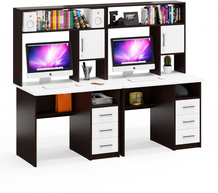 Стол компьютерный С-МД-СК9+Стол компьютерный С-МД-СК9, цвет венге/белый шагрень, ШхГхВ 204х70х160 см., НЕ универсальная сборка